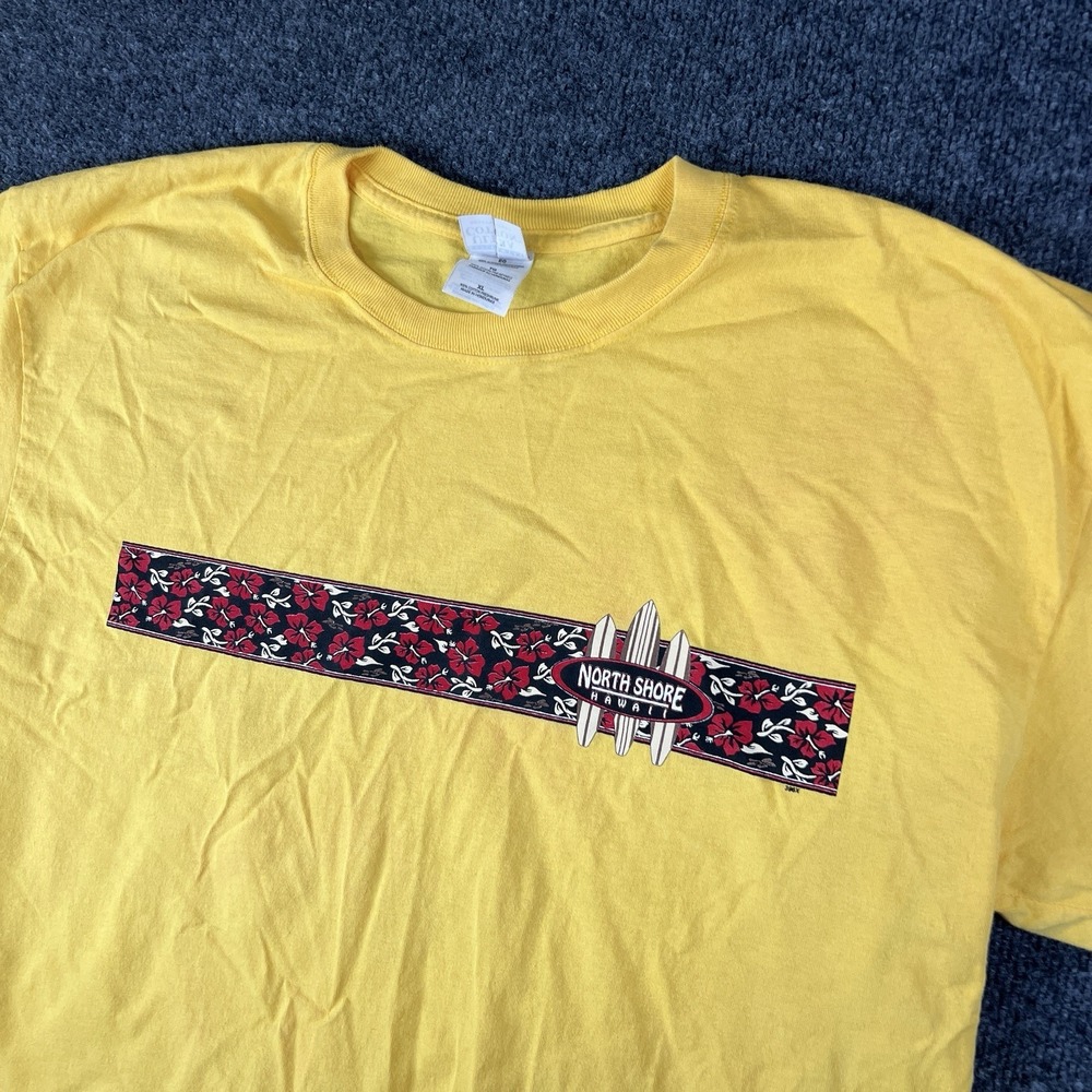 North Shore Hawaii Floral Surf Graphic Tee Yellow Gildan‎ XL Vintage Style
